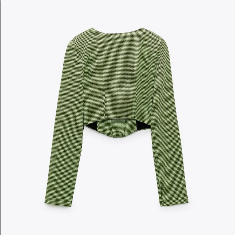 Zara Houndstooth Corset Cropped Top Bloggers Favorite Neon Green Black Small